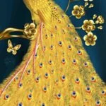 Luxurious golden peacock wall art with intricate feather details and floral accents.