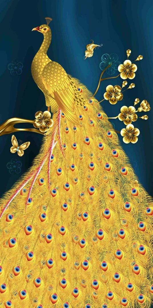 Luxurious golden peacock wall art with intricate feather details and floral accents.
