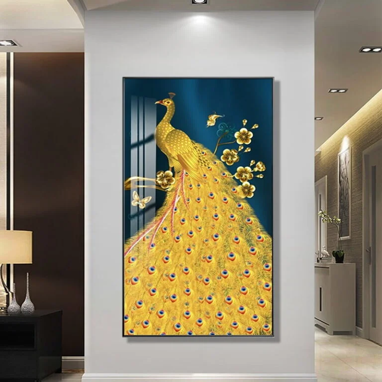 Luxury framed wall art featuring a golden peacock with floral accents, perfect for modern home decor.