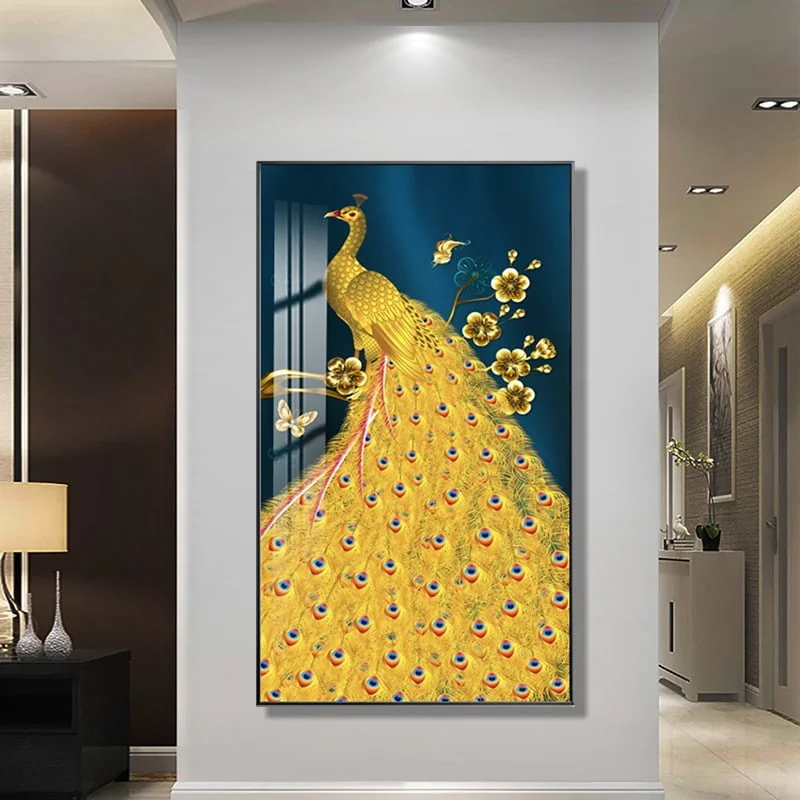 Golden Peacock Luxury Wall Art Luxury framed wall art featuring a golden peacock with floral accents, perfect for modern home decor.