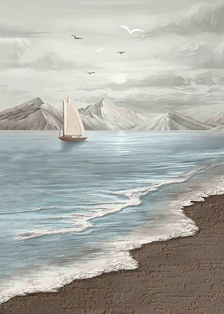 Serene seascape with sailboat and mountains, modern wall art.