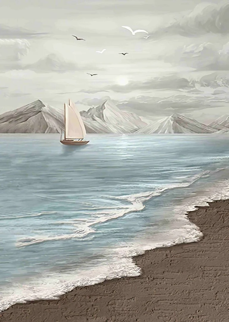Serene seascape with sailboat and mountains, modern wall art.