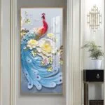 Luxury framed wall art with colorful peacock and floral design, perfect for modern home decor.