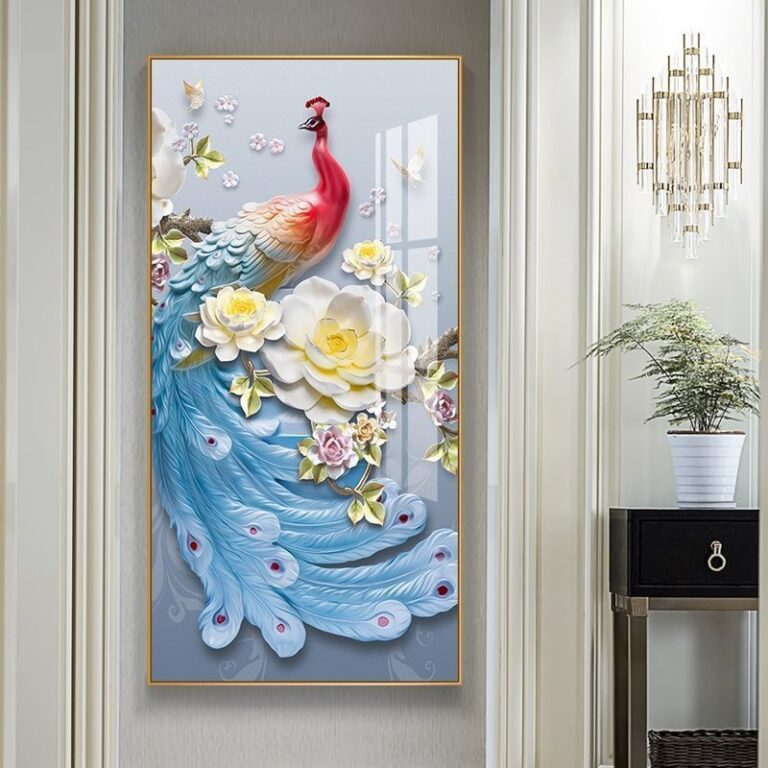 Luxury framed wall art with colorful peacock and floral design, perfect for modern home decor.