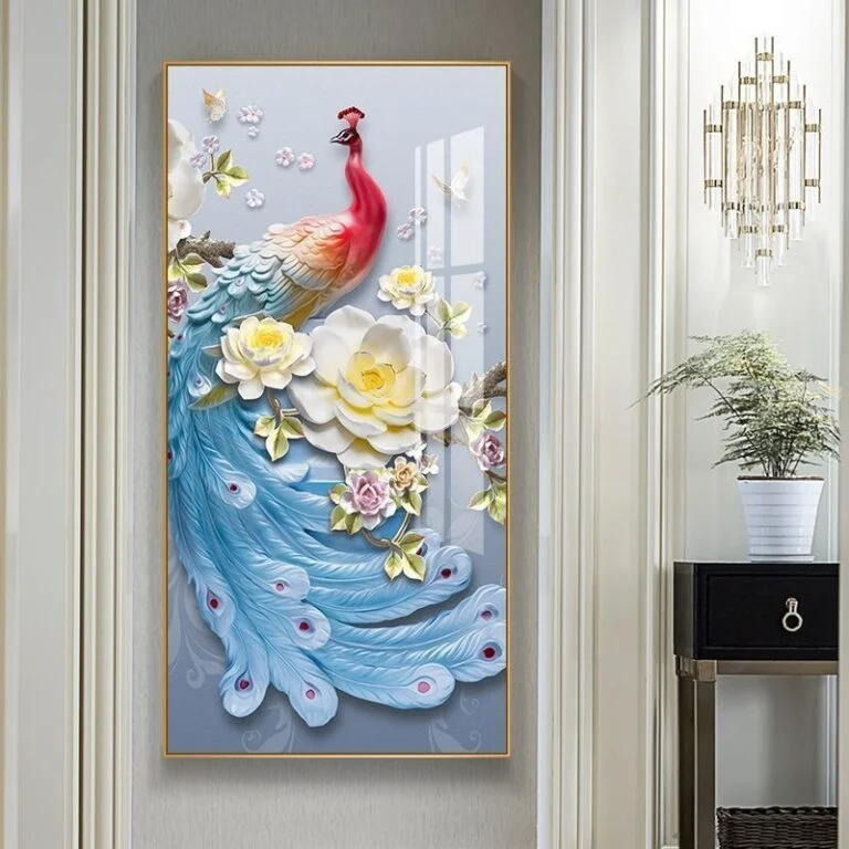 Luxury framed wall art with colorful peacock and floral design, perfect for modern home decor.