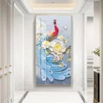 Luxury framed wall art with peacock and floral design in a modern hallway.