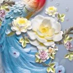Colorful peacock wall art with flowers, featuring vibrant feathers and floral accents.