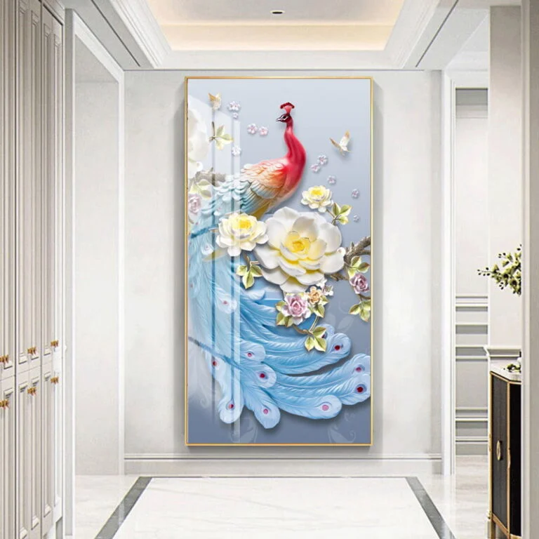 Luxury framed wall art with peacock and floral design in a modern hallway.