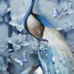 Elegant peacock wall art with blue and white floral background and butterflies, perfect for modern home decor.