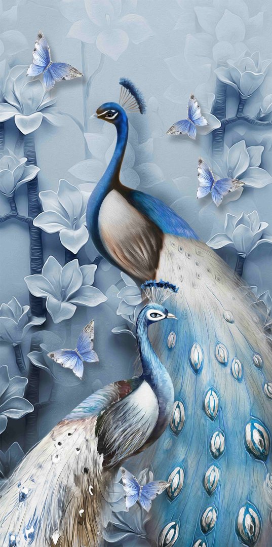Elegant peacock wall art with blue and white floral background and butterflies, perfect for modern home decor.