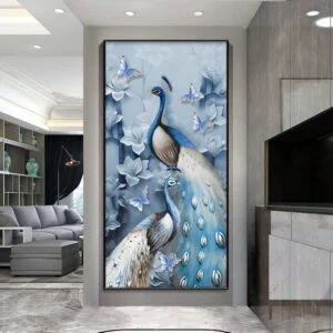 Luxury wall art featuring peacocks and butterflies in a modern living room setting.