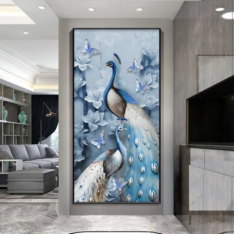 Luxury wall art featuring peacocks and butterflies in a modern living room setting.
