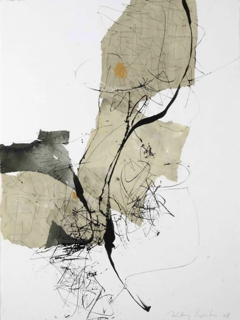 Abstract modern wall art with dynamic lines and neutral tones.