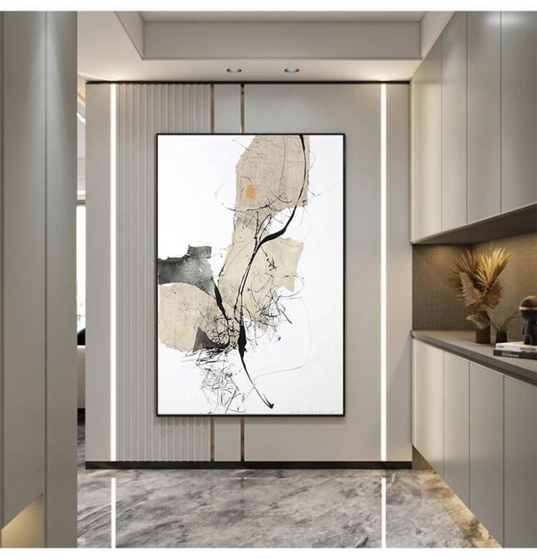 Modern abstract framed wall art in a luxury home hallway.