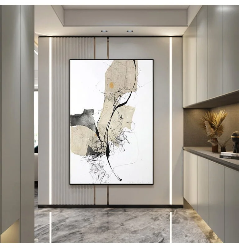 Modern abstract framed wall art in a luxury home hallway.