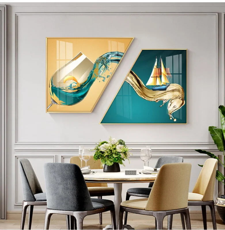 Modern luxury wall art with abstract design in dining room setting.