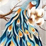 Colorful peacock wall art with floral accents, featuring vibrant feathers and elegant design.