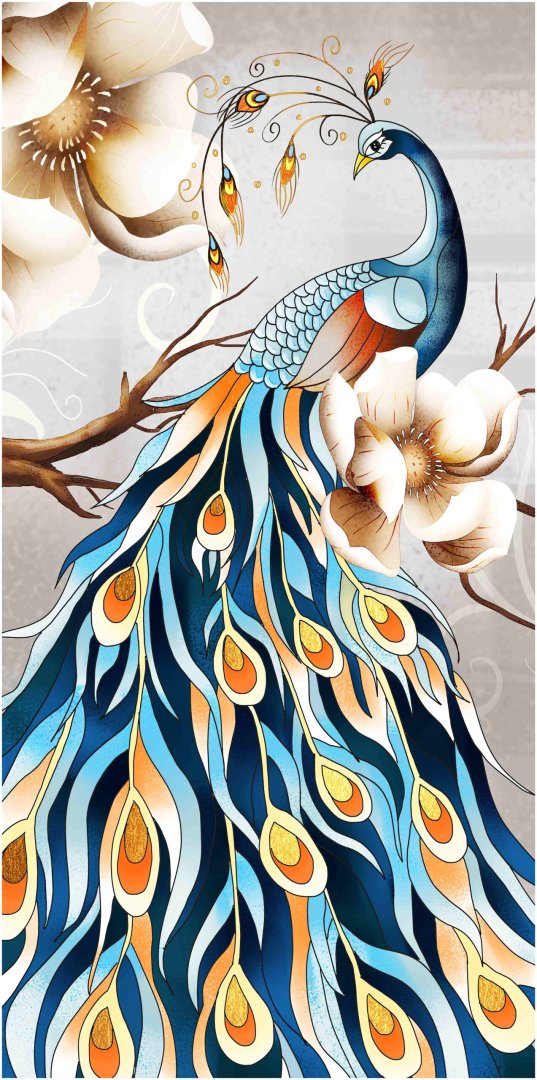 Colorful peacock wall art with floral accents, featuring vibrant feathers and elegant design.