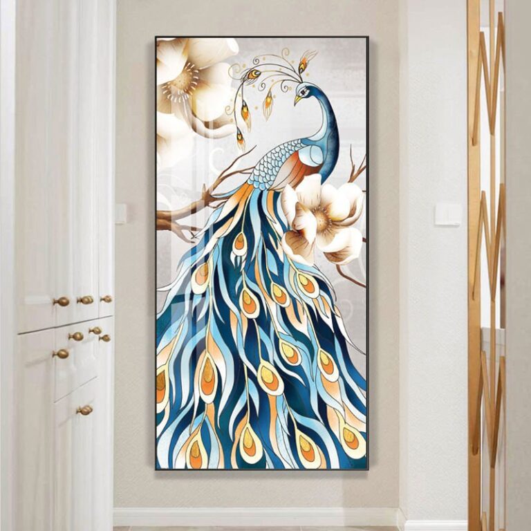 Modern framed wall art featuring a colorful peacock design, perfect for luxury home decor.