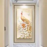 Elegant peacock wall art in a modern hallway, featuring intricate details and soft colors.