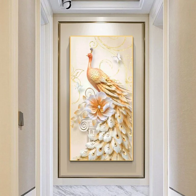 Elegant peacock wall art in a modern hallway, featuring intricate details and soft colors.