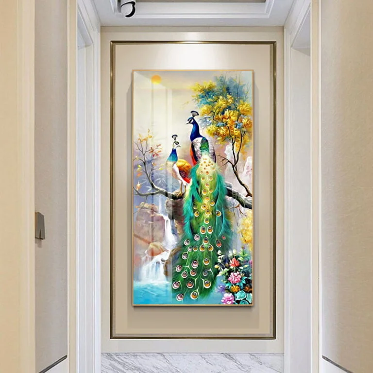 Framed wall art with peacocks and nature scene in a modern hallway.