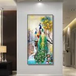 Framed wall art with colorful peacocks and nature scene, enhancing modern home decor.