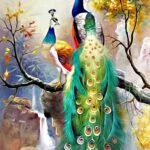 Colorful peacock wall art with vibrant feathers and nature background.