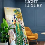 Modern luxury wall art with peacock design in a stylish living room setting.
