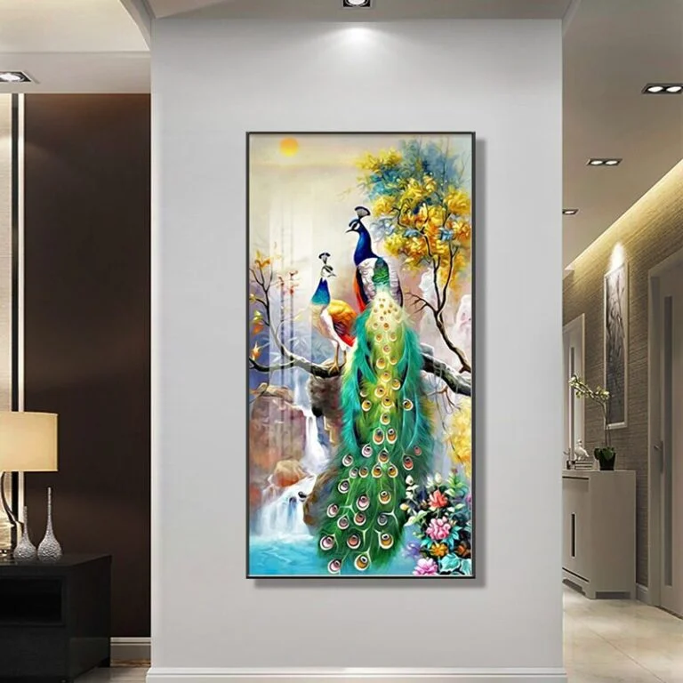 Framed wall art with colorful peacocks and nature scene, enhancing modern home decor.