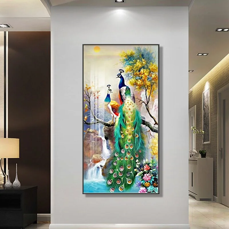 Colorful Peacock Framed Wall Art Framed wall art with colorful peacocks and nature scene, enhancing modern home decor.