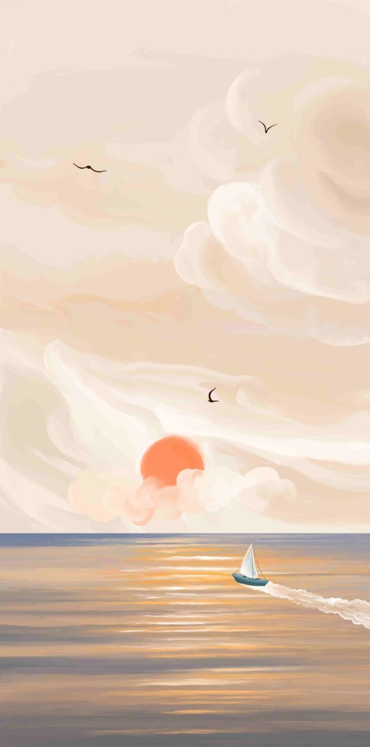 Modern wall art with a serene ocean scene and sailboat at sunset.