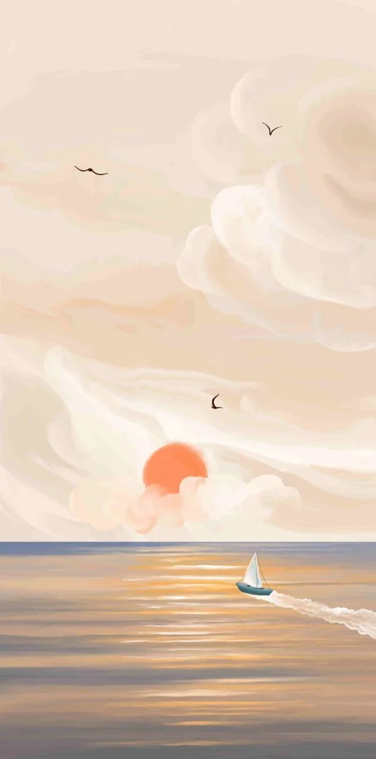 Modern wall art with a serene ocean scene and sailboat at sunset.
