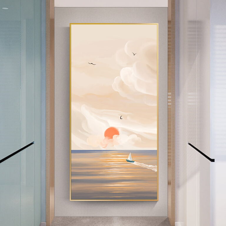 Modern framed wall art with sunset and sailboat, ideal for luxury home decor.