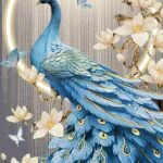Illuminated wall art featuring a blue peacock with floral accents and butterflies, ideal for luxury home decor.