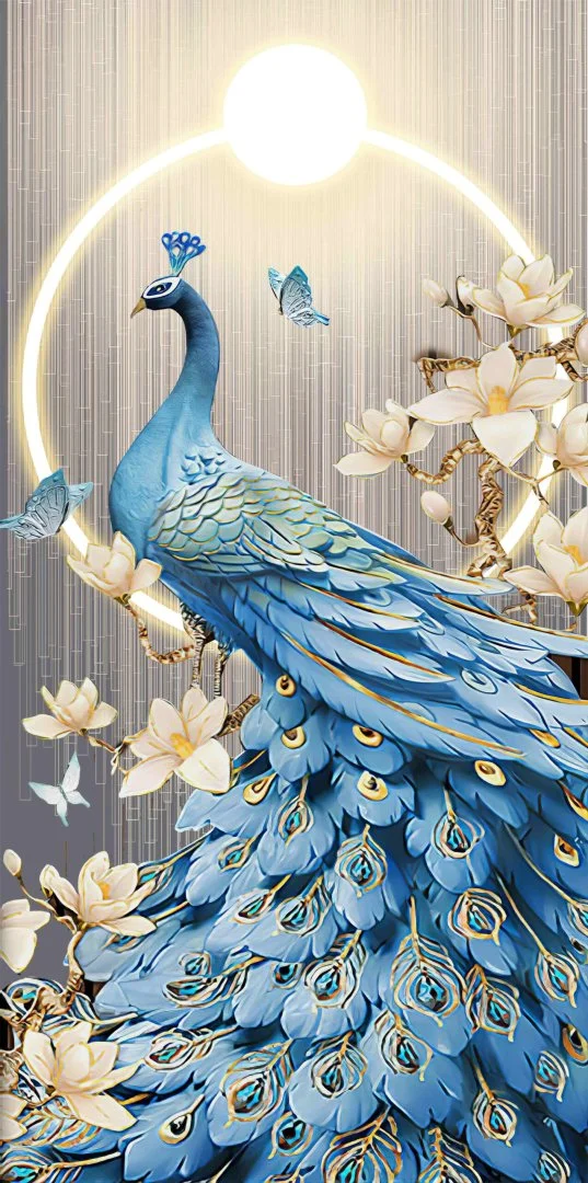 Illuminated wall art featuring a blue peacock with floral accents and butterflies, ideal for luxury home decor.