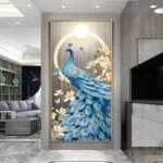 Modern luxury wall art featuring a blue peacock with floral accents in a living room setting.