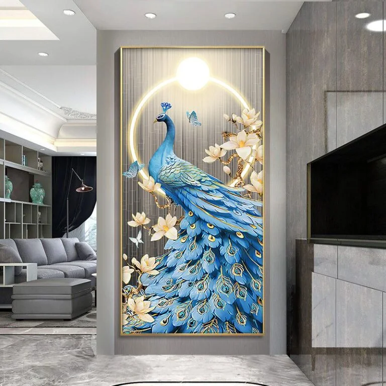 Modern luxury wall art featuring a blue peacock with floral accents in a living room setting.
