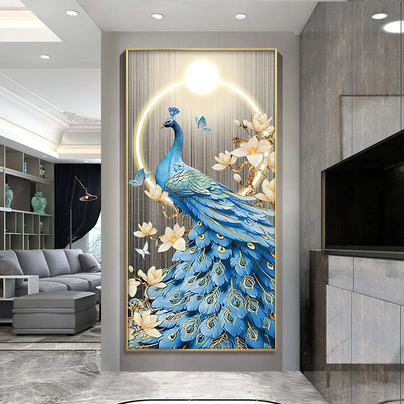 Luxury Peacock Wall Art Modern luxury wall art featuring a blue peacock with floral accents in a living room setting.