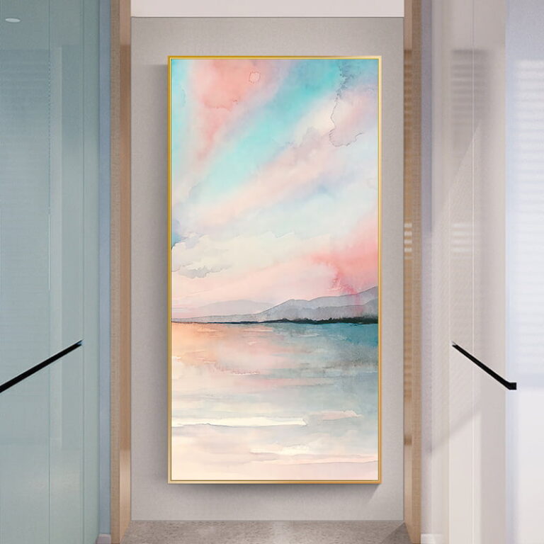 Modern framed wall art with pastel watercolor landscape in hallway.