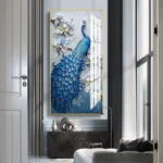 Modern luxury wall art featuring a blue peacock with floral accents in a stylish living room.