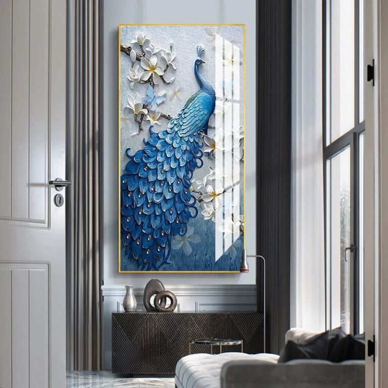 Modern luxury wall art featuring a blue peacock with floral accents in a stylish living room.