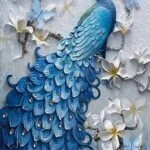 Elegant blue peacock wall art with magnolia flowers and butterflies, perfect for modern luxury home decor.