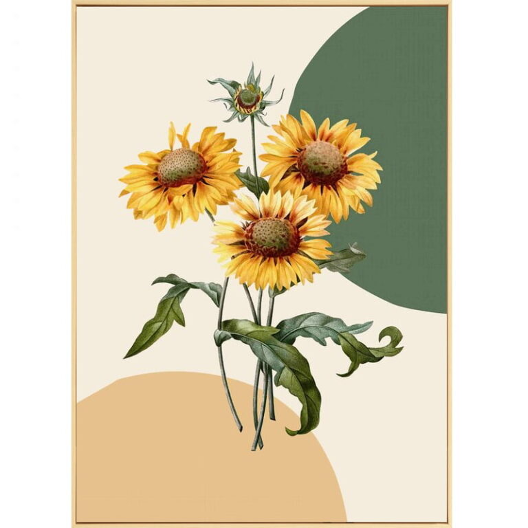 Modern framed wall art featuring sunflowers with abstract geometric background.