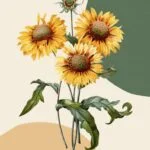 Modern wall art featuring sunflowers with abstract geometric background.