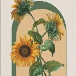 Modern framed wall art featuring sunflowers with green leaves on a beige background.