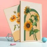 Modern sunflower wall art with geometric design in a luxury setting.