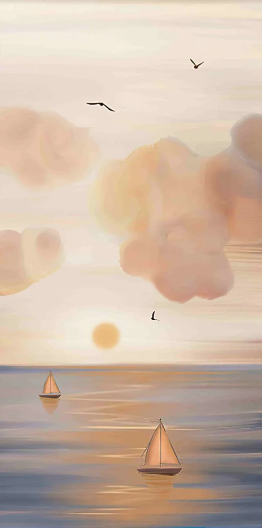 Modern wall art with sailboats at sunset, featuring soft clouds and birds, ideal for luxury home decor.