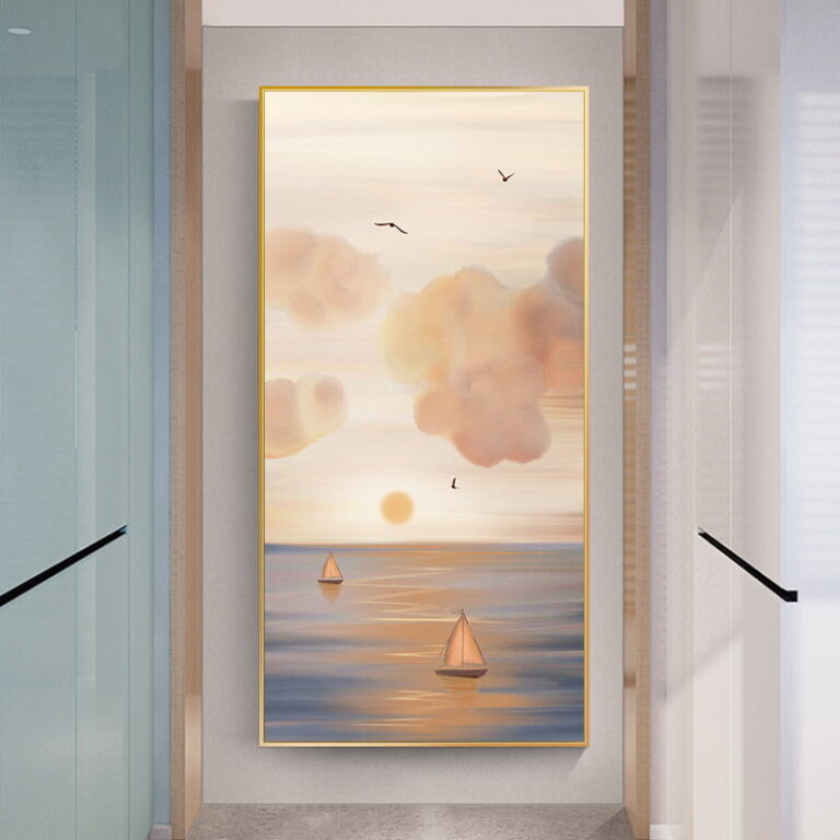 Modern framed wall art with sailboats and sunset, perfect for luxury home decor.