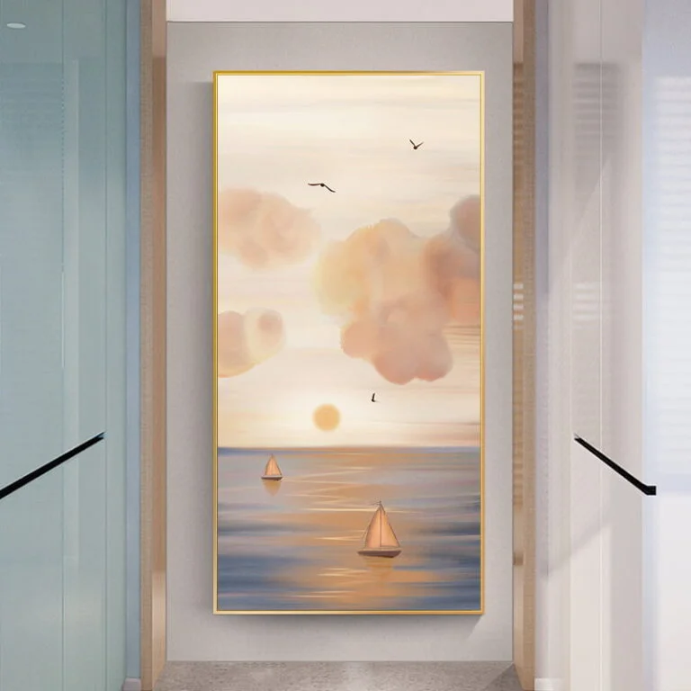Modern framed wall art with sailboats and sunset, perfect for luxury home decor.